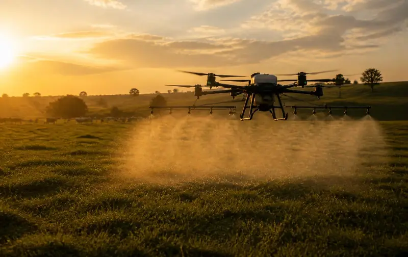 Drone agrícola pulverizando uma pastagem ao amanhecer